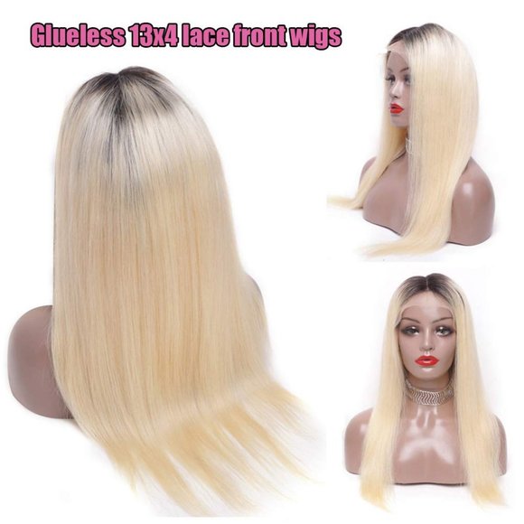 Ombre Lace Front Wig Blonde Human Hair Dark Roots Silky Straight 16 inches 150%